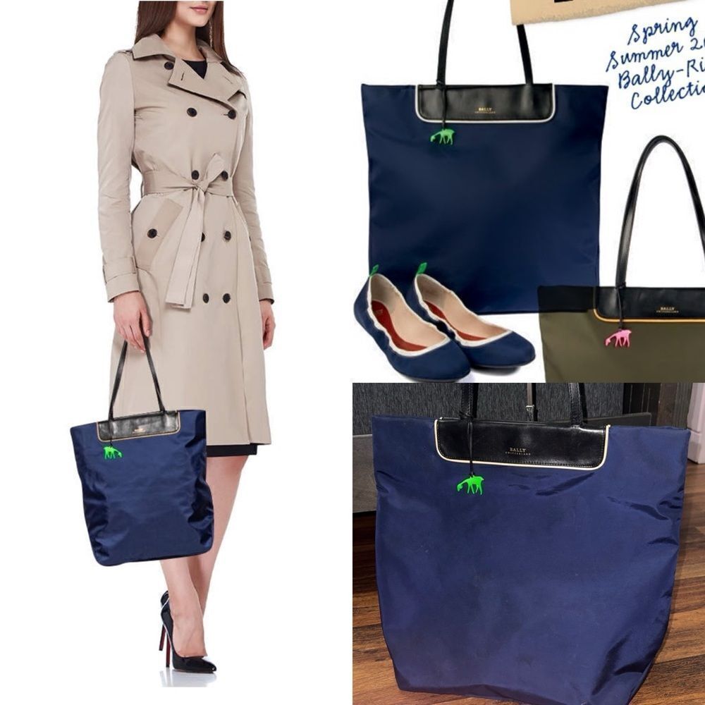 Bally Navy Blue/Black Nylon and Leather Shopper Tote